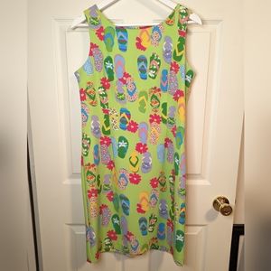 Courtenay Stretch sleeveless green flip flop sandal print sheath dress size 8